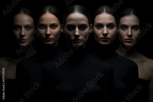 Elegance in Black: Group of Women in Stylish Black Attire Against a Dark Background
