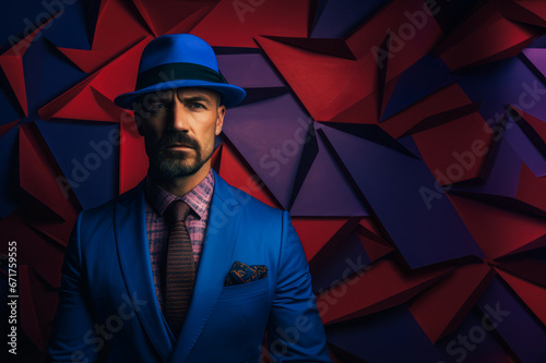 Abstract retro portrait of a young charming man with a hat on his head, dressed in a stylish blue suit, against a dark blue retro background. This portrait combines classic elegance with vintage charm