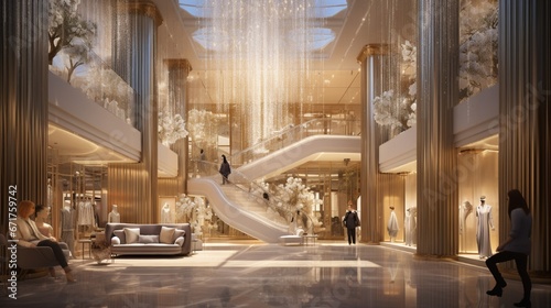 A luxurious section of the mall housing high-end designer boutiques, chandeliers hanging from the ceiling, and attendants offering champagne. photo