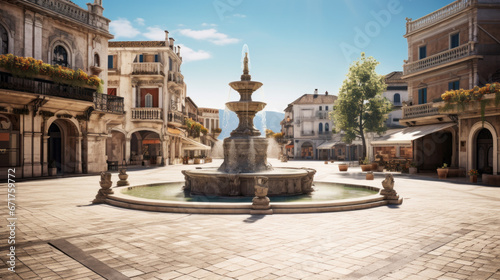 An old-fashioned town square, with a fountain in the centre and a variety of shops and restaurants