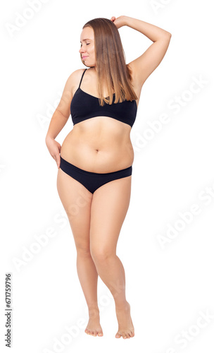 Confident woman with overweight natural body posing.