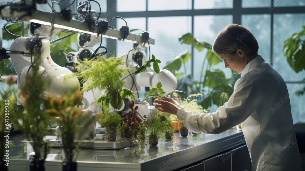 Male scientist working with robotic arm assistant for growing plants at smart laboratory