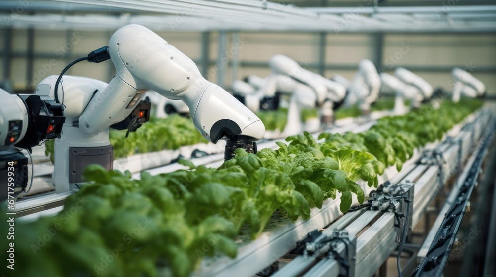 Robot arm growing plants laboratory, Smart robotic arms in  greenhouses. Autonomous farming with robotic harvesting 