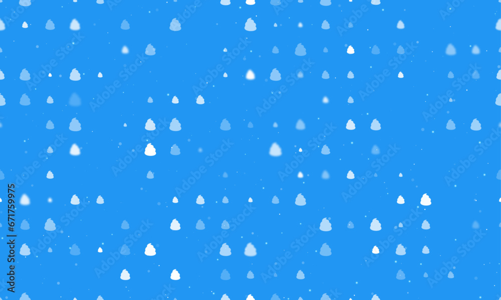 Seamless background pattern of evenly spaced white poop symbols of different sizes and opacity. Vector illustration on blue background with stars