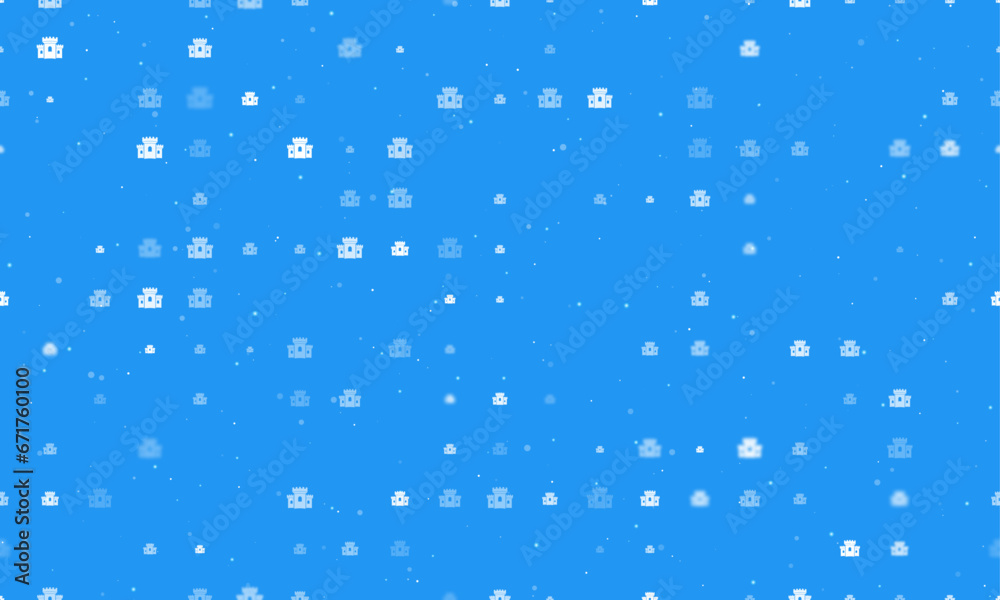 Seamless background pattern of evenly spaced white castle symbols of different sizes and opacity. Vector illustration on blue background with stars