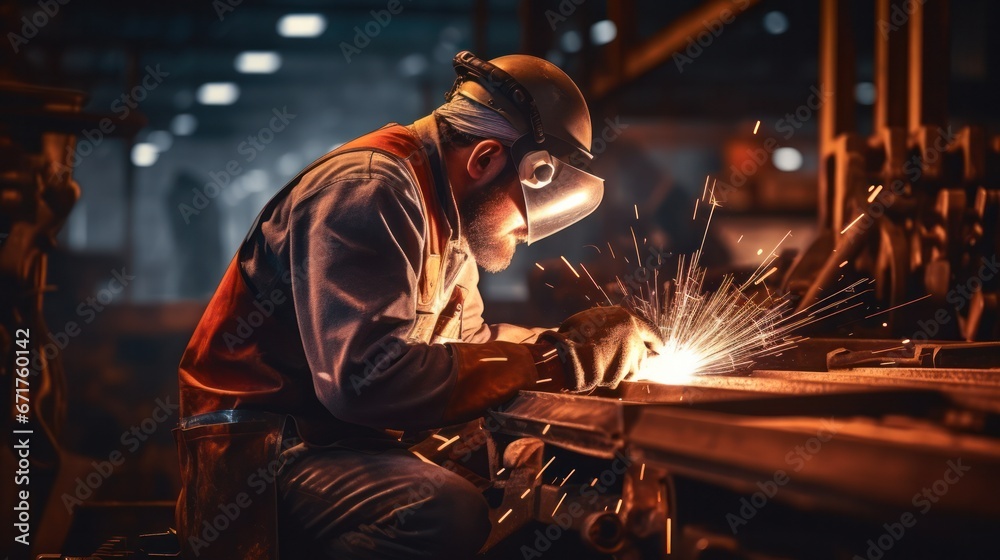 Metal welder working with arc welding at wokshop, Industrial worker is welding steel products in a factory, sparks fly Metal welder working with arc welding at wokshop, Industrial worker is welding steel products in a factory, sparks fly