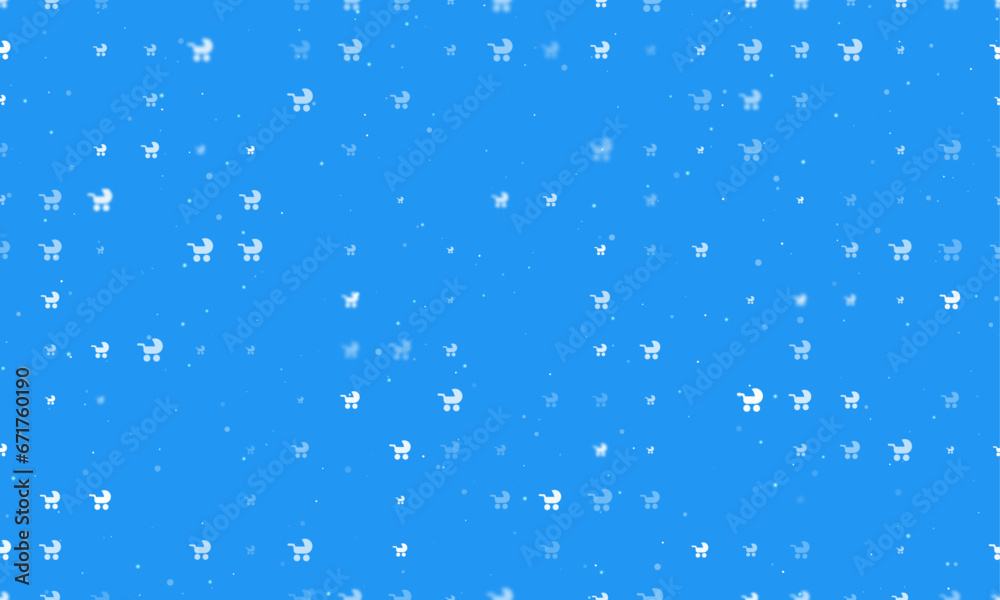 Seamless background pattern of evenly spaced white baby carriage symbols of different sizes and opacity. Vector illustration on blue background with stars