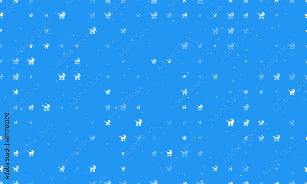 Seamless background pattern of evenly spaced white baby carriage symbols of different sizes and opacity. Vector illustration on blue background with stars Seamless background pattern of evenly spaced white baby carriage symbols of different sizes and opacity. Vector illustration on blue background with stars