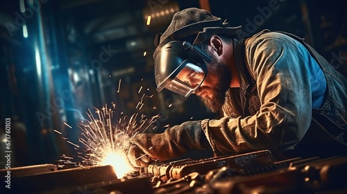 Metal welder working with arc welding at wokshop, Industrial worker is welding steel products in a factory, sparks fly © ETAJOE