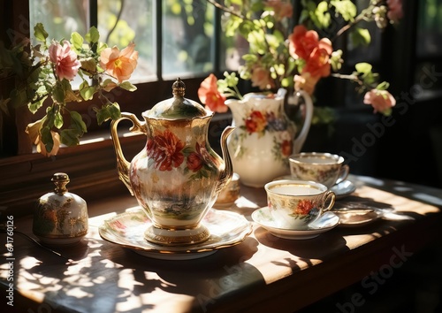 AI generated illustration of a white vase with flowers, white teacups against a bright window photo