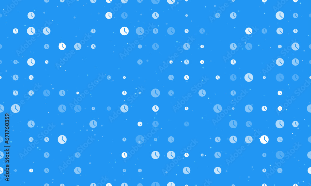 Seamless background pattern of evenly spaced white time symbols of different sizes and opacity. Vector illustration on blue background with stars