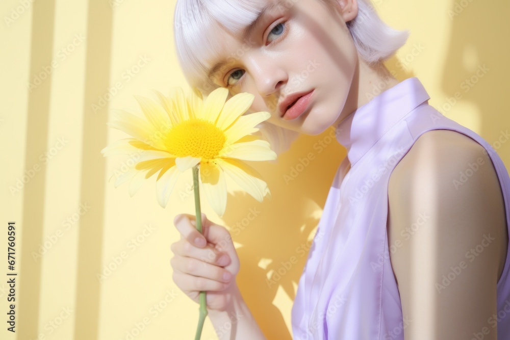 Gentle expression of woman paired with the fresh presence of daisies, reflecting the simplicity and beauty of a casual, stylish appearance. Gentle expression of woman paired with the fresh presence of daisies, reflecting the simplicity and beauty of a casual, stylish appearance.