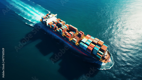 Top view of container ship at sea, sailing with cargo containers