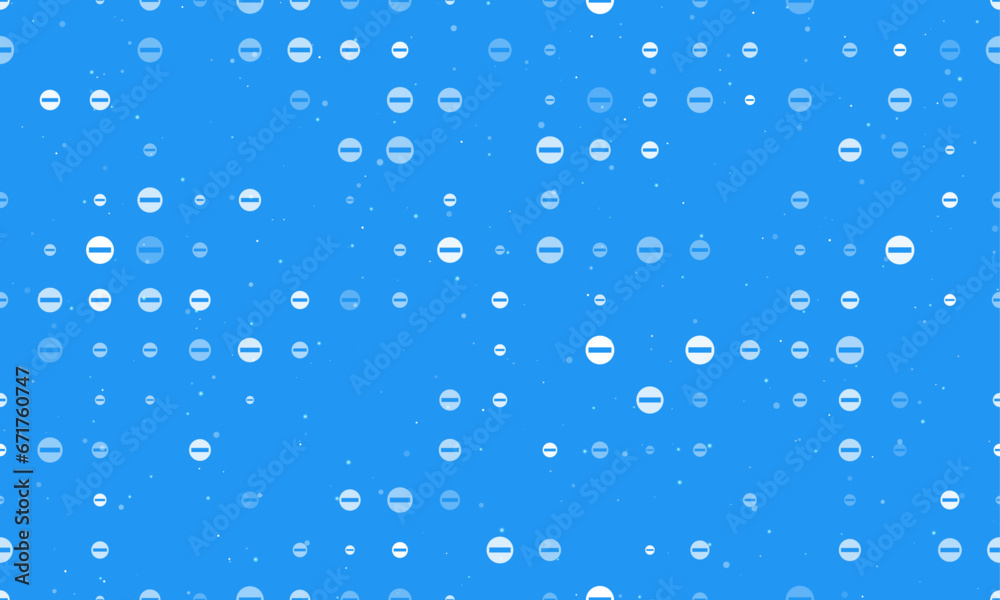 Seamless background pattern of evenly spaced white no entry road signs of different sizes and opacity. Vector illustration on blue background with stars