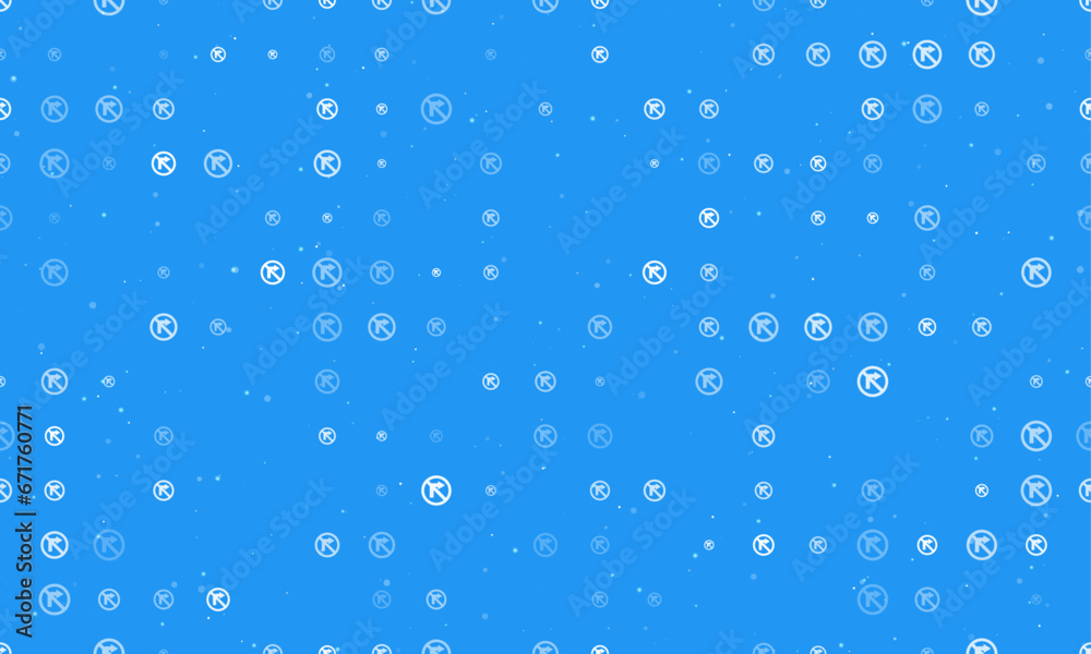 Seamless background pattern of evenly spaced white no right turn signs of different sizes and opacity. Vector illustration on blue background with stars