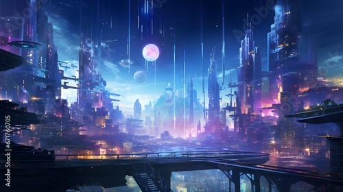 Cosmic Crystal City: A Cyberpunk Night Scene in Anime Style photo