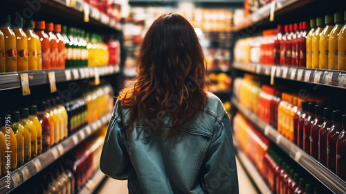 Young woman stands in front of a supermarket shelf, seen from behind photo