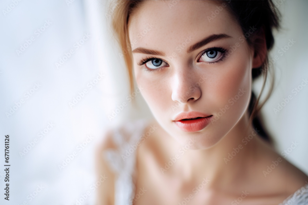 portrait en gros plan d'une jeune femme rousse aux yeux bleus, très belle, photo high-key portrait en gros plan d'une jeune femme rousse aux yeux bleus, très belle, photo high-key