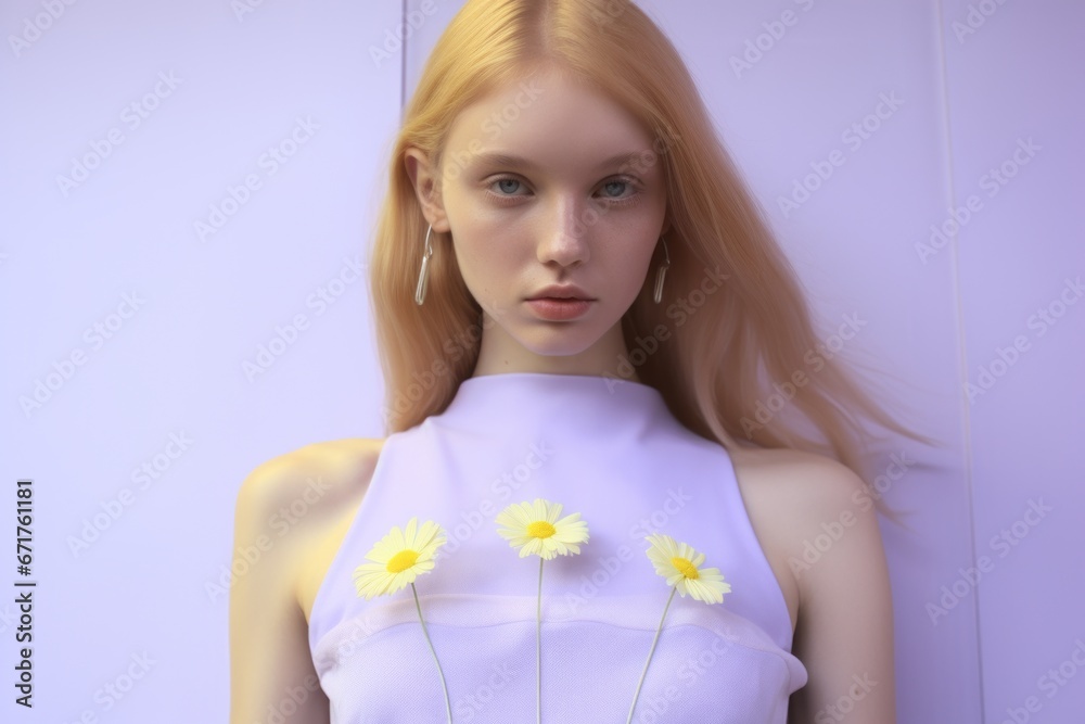 Gentle expression of woman paired with the fresh presence of daisies, reflecting the simplicity and beauty of a casual, stylish appearance. Gentle expression of woman paired with the fresh presence of daisies, reflecting the simplicity and beauty of a casual, stylish appearance.