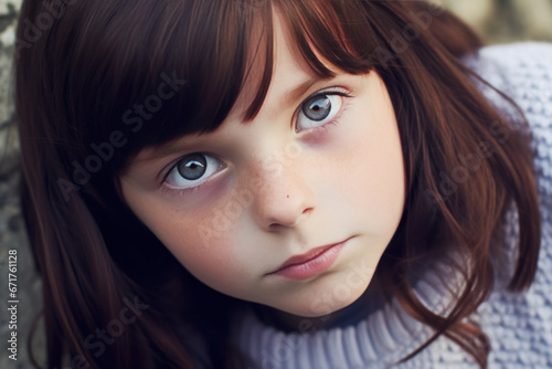 jeune fille rousse au regard bleu avec un pullover en laine gris