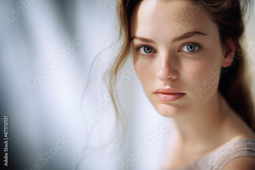 portrait en gros plan d'une jeune femme rousse aux yeux bleus, très belle, photo high-key photo