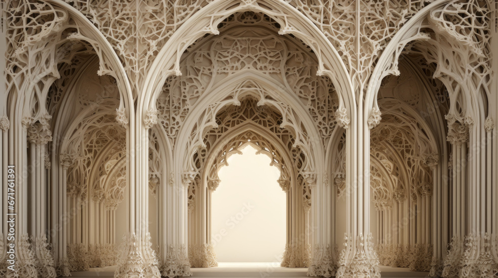 An intricately designed archway of ivory columns and intricate latticework creating an air of mystery
