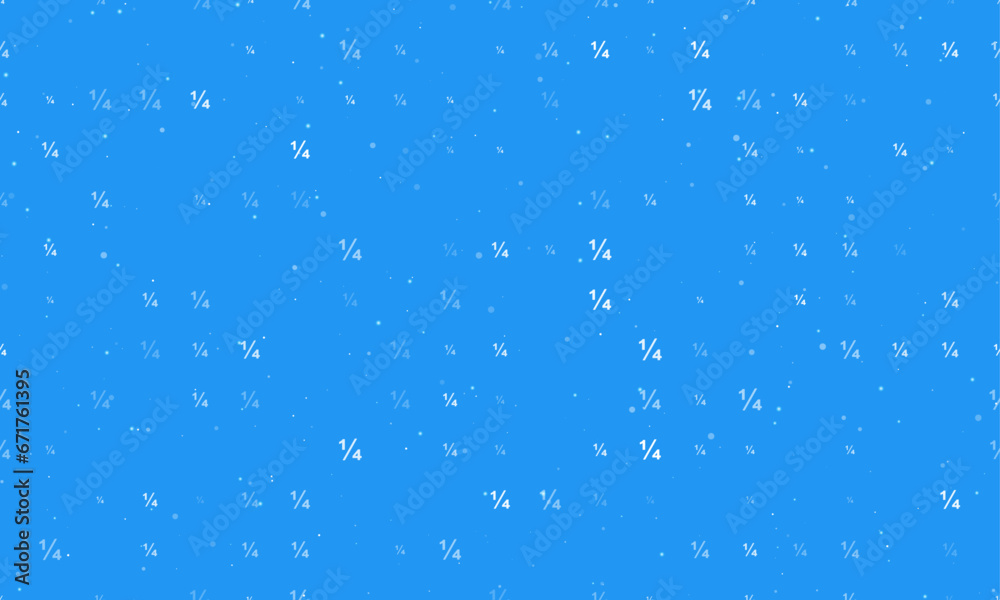 Seamless background pattern of evenly spaced white quarter fraction symbols of different sizes and opacity. Vector illustration on blue background with stars