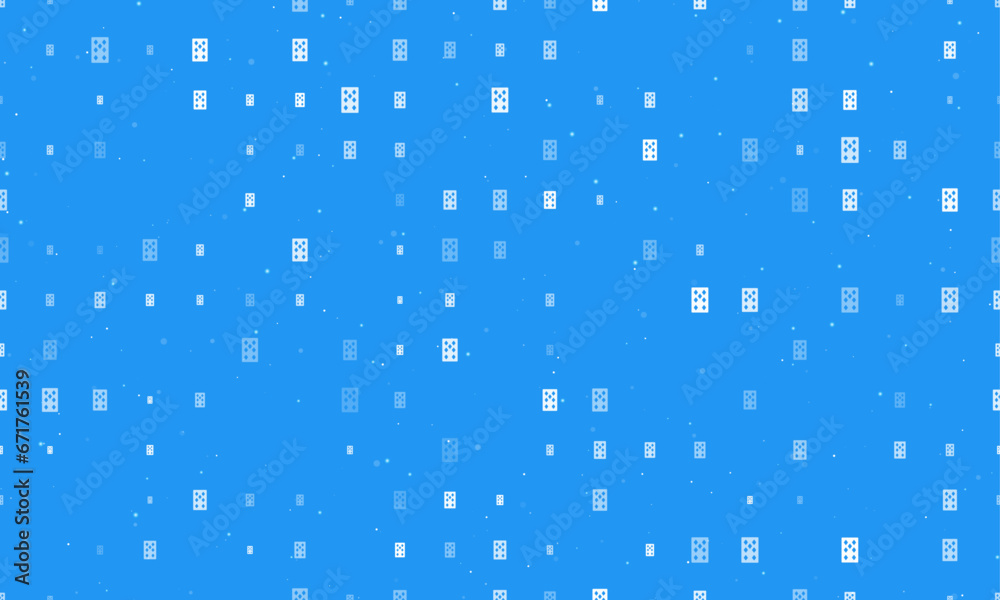 Seamless background pattern of evenly spaced white seven of diamonds playing cards of different sizes and opacity. Vector illustration on blue background with stars