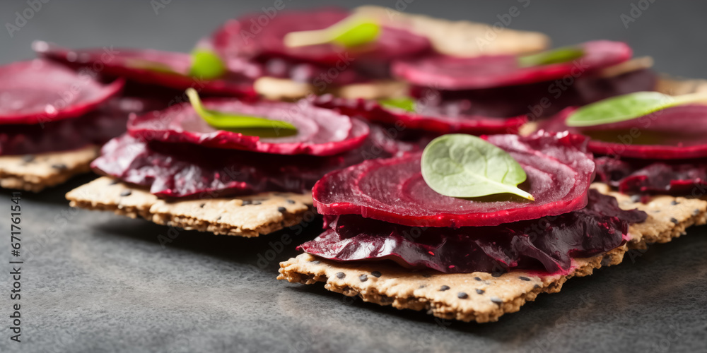 Baked beet slices. Healthy chips out of beets. Sweet and crunchy purple sweet beet chips