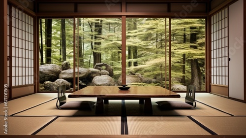 A minimalist Japanese tea room, punctuated by tatami mats, low tables, and sliding shoji doors.