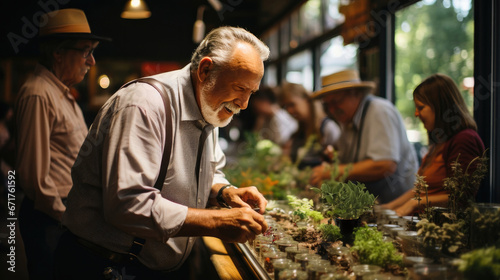 Elderly individuals gardening together in a workshop setting