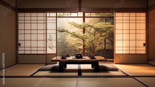 A minimalist Japanese tea room, punctuated by tatami mats, low tables, and sliding shoji doors. photo