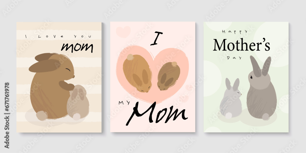 A set of cute postcards in pastel shades with bunnies for mom for the holiday