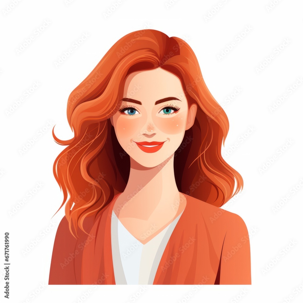 Smiling Adult Persian Woman with Red Straight Hair Flat Illustration. Portrait of Business Character on white background. Business Person in Casual Clothes. Ai Generated Square Cartoon Illustration.