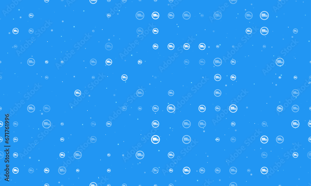 Seamless background pattern of evenly spaced white truck traffic signs of different sizes and opacity. Vector illustration on blue background with stars