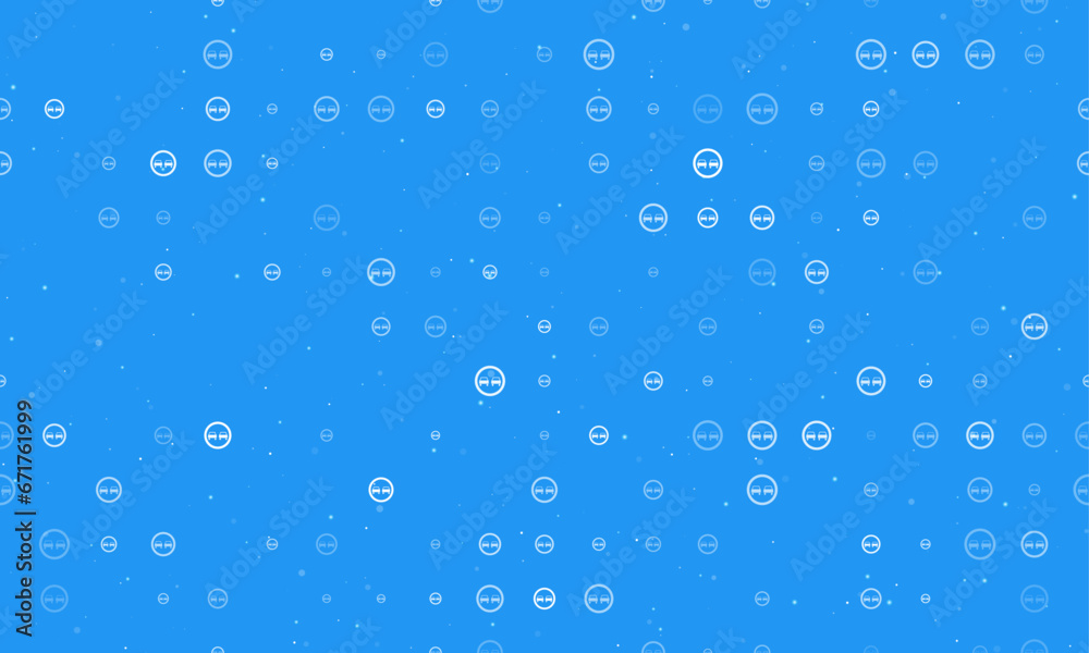 Seamless background pattern of evenly spaced white no overtaking signs of different sizes and opacity. Vector illustration on blue background with stars
