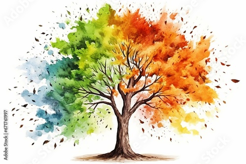 Vászonkép Watercolor tree illustration isolated on white background with binary elements