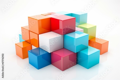 Colorful cubes emerge from a box  representing collaboration  cooperation  and modular software. White background. Generative AI