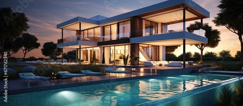 Stunning 3D villa with pool during sunset