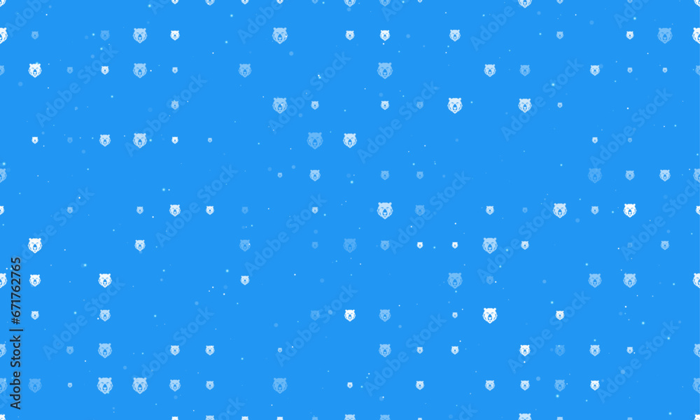 Seamless background pattern of evenly spaced white bear head icons of different sizes and opacity. Vector illustration on blue background with stars