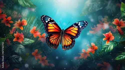 Beautiful Butterfly flying on forest with blur background. AI generated image © orendesain99