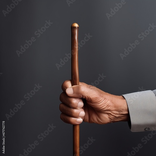 Close-up of an old man's hand holding a stick against a dark gray background.
