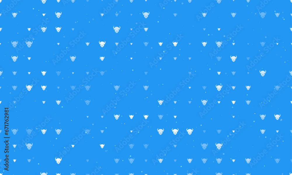 Seamless background pattern of evenly spaced white buffalo heads of different sizes and opacity. Vector illustration on blue background with stars Seamless background pattern of evenly spaced white buffalo heads of different sizes and opacity. Vector illustration on blue background with stars