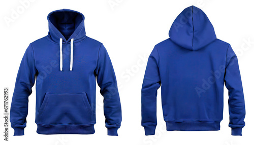 Men's blue blank hoodie template,from two sides, natural shape on invisible mannequin, for your design mockup for print,clipping path , cutout  photo