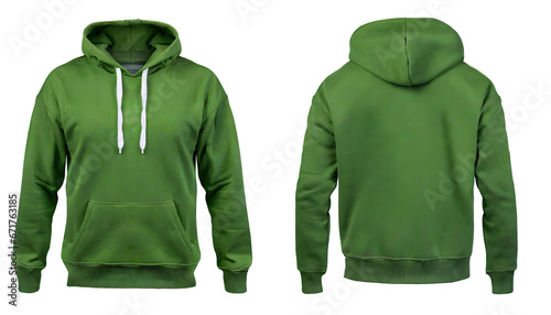 Blank green mens hoodie sweatshirt long sleeve with clipping path, mens hoody with hood for your design mockup for print, isolated on transparent background. Template sport winter clothes. photo