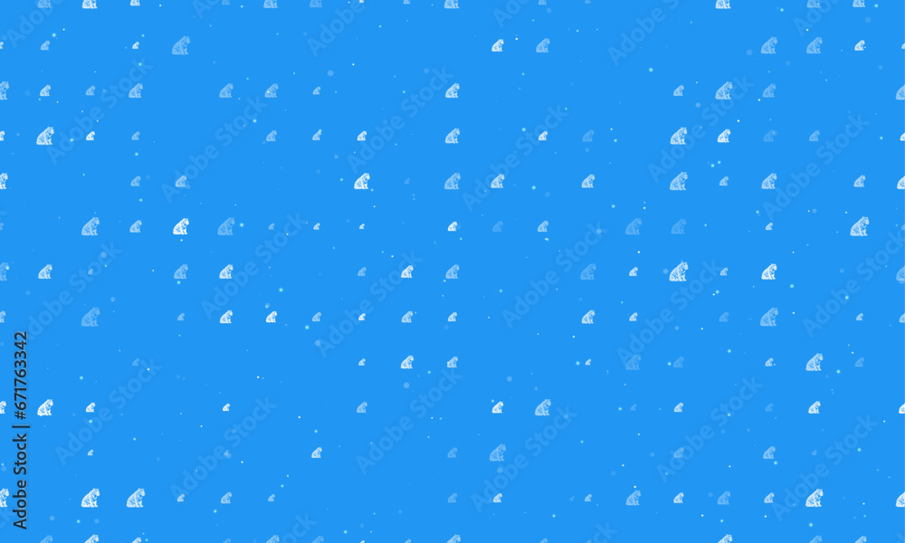 Seamless background pattern of evenly spaced white sitting tiger symbols of different sizes and opacity. Vector illustration on blue background with stars