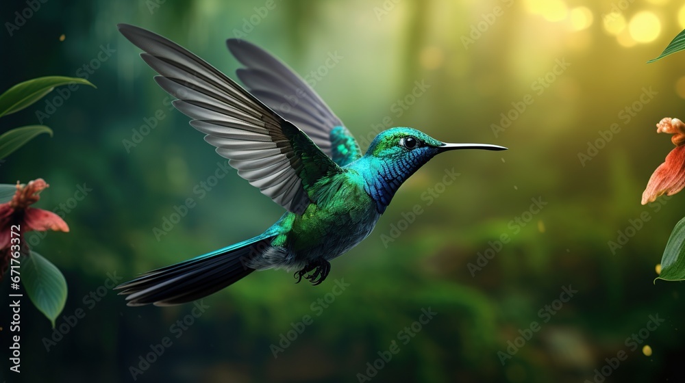 Obraz premium Hummingbird flying in the forest blur background. AI generated image