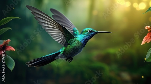Hummingbird flying in the forest blur background. AI generated image