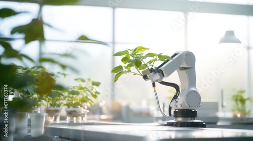 Robot arm growing plants laboratory, Smart robotic arms in greenhouses. Autonomous farming with robotic harvesting 