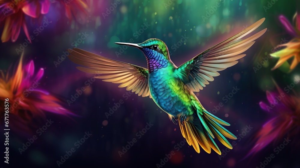 Obraz premium Hummingbird flying in the forest blur background. AI generated image